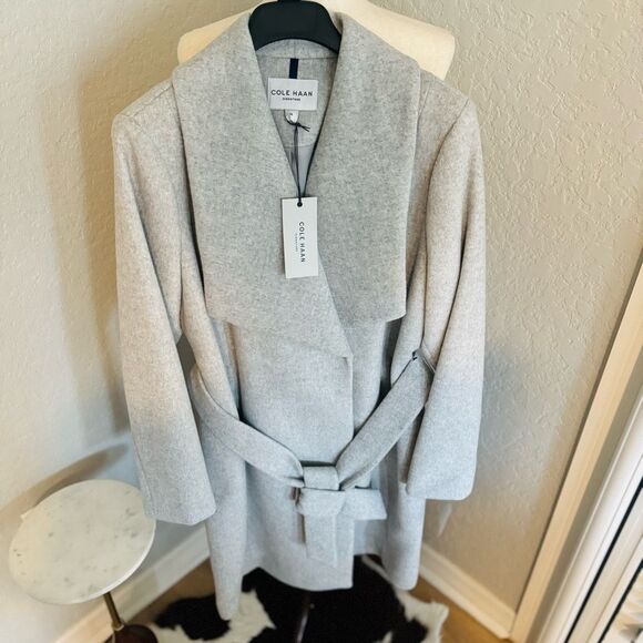 Cole Haan Signature Slick Wool Blend Wrap Shawl Collar Coat, Gray, Size 14, NWT - Picture 7 of 10